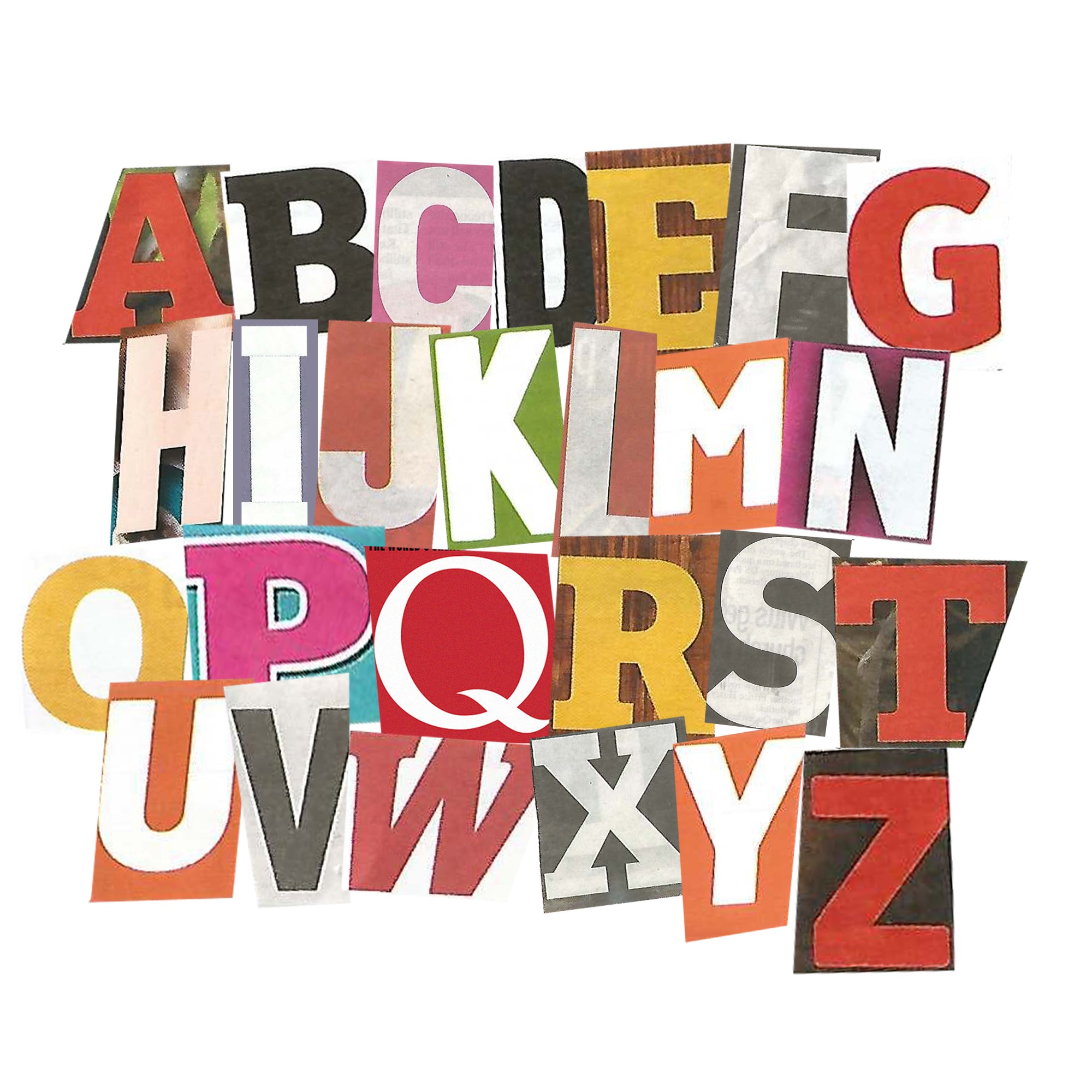 Buchstaben von A bis Z in verschiedenen Farben und Hintergründen, wirken wie aus Zeitung ausgeschnitten.