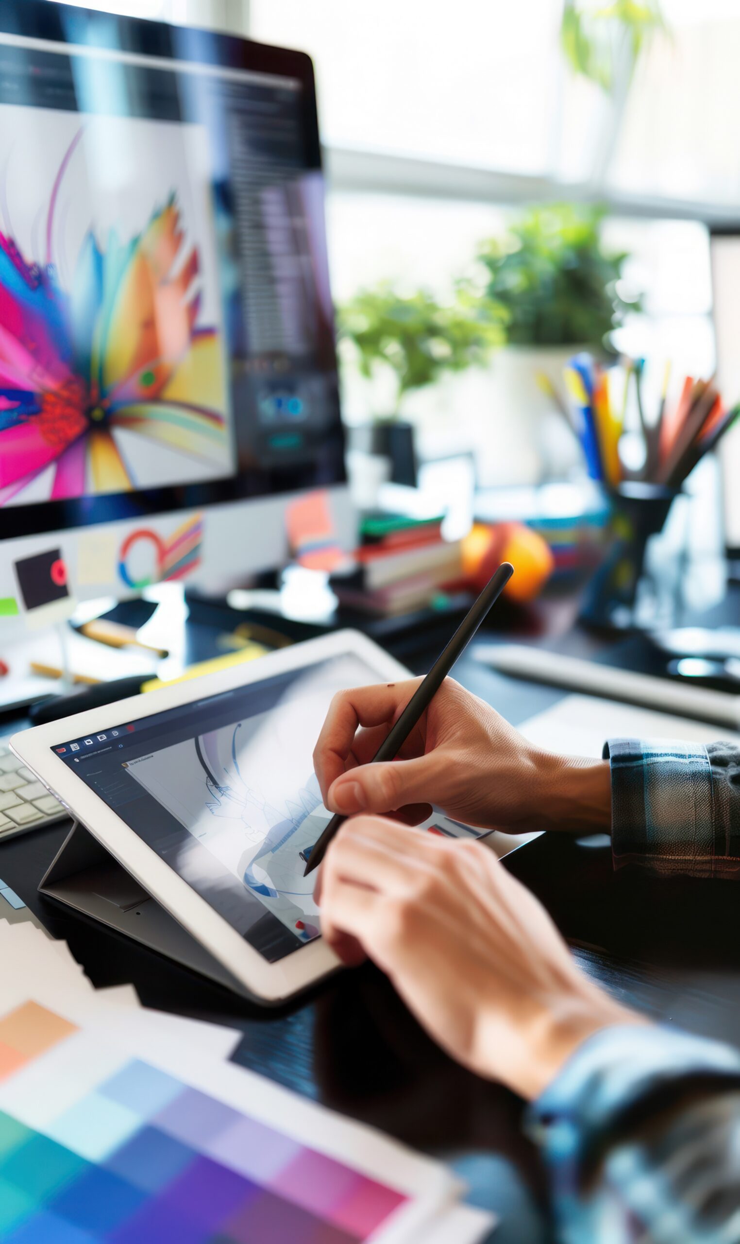 Zwei Hände malen kreativ auf einem iPad, links daneben eine bunte Farbpalette, auf dem PC-Bildschirm ist das iPad-Motiv zu sehen; symbolisiert visuelle Gestaltung nach Gestaltgesetzen.“