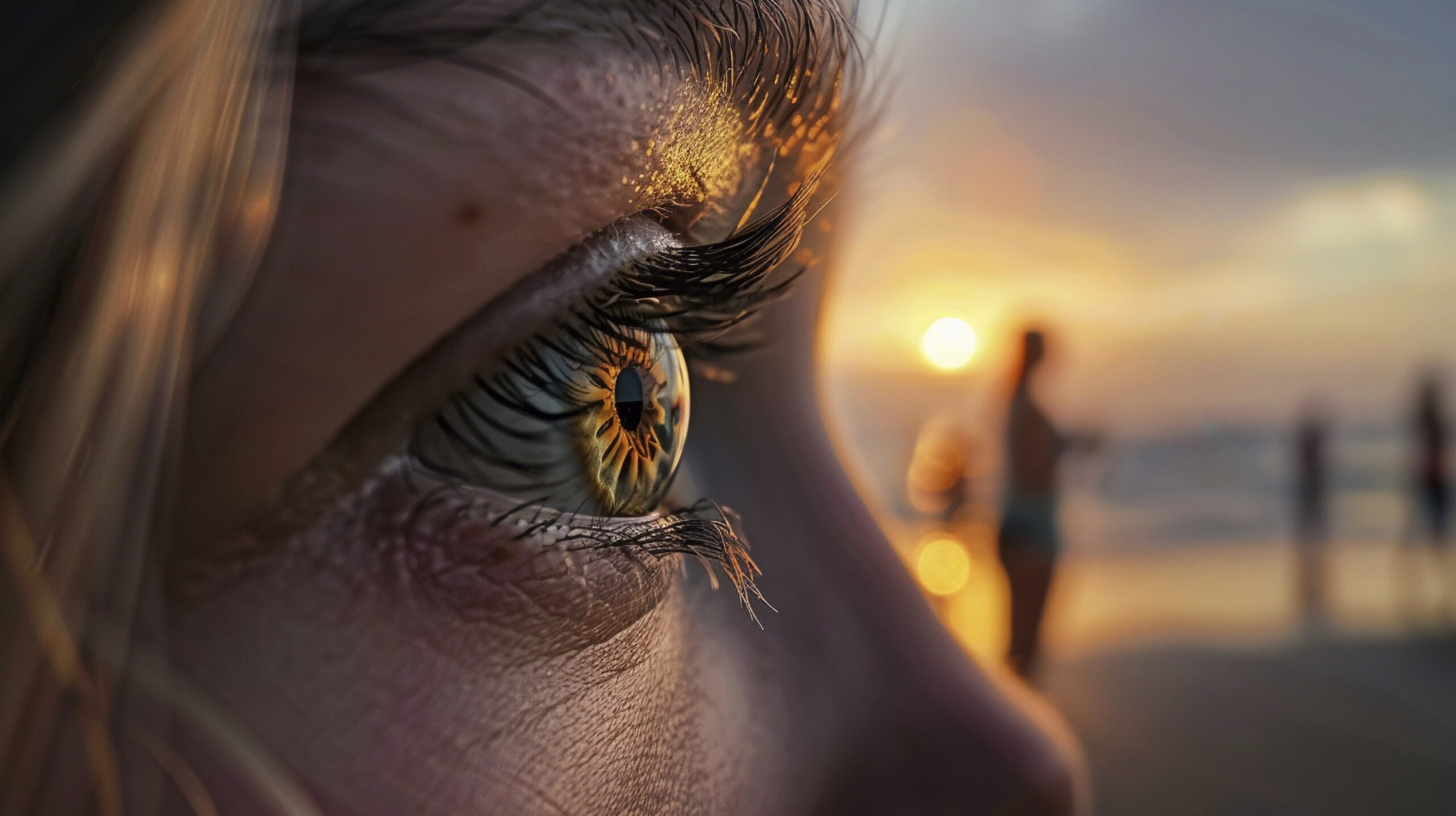 Nahaufnahme des Augenbereichs einer Frau am Strand bei Sonnenuntergang, grün-braunes Auge reflektiert das Licht.