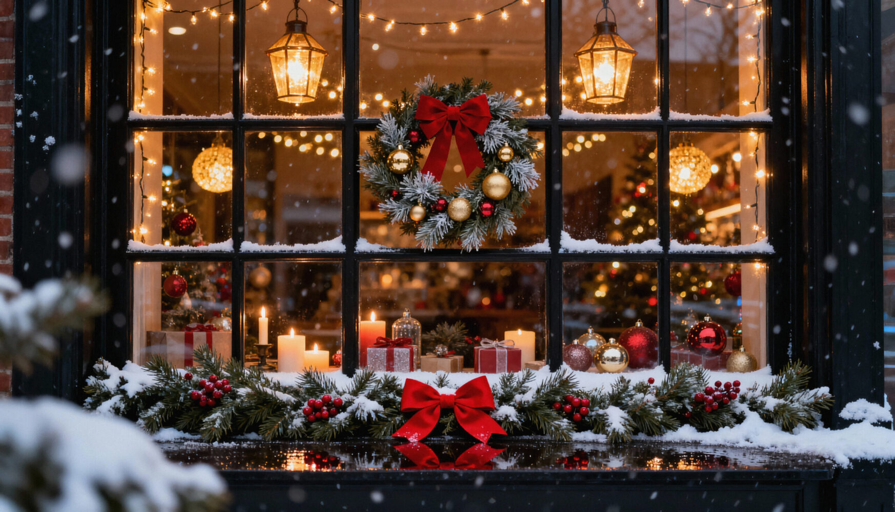 Weihnachtlich dekoriertes Schaufenster im Schnee Weihnachtlich geschmücktes Schaufenster mit Kranz, Lichterketten, Kerzen und Geschenken: Weihnachtsgeschäft vorbereiten